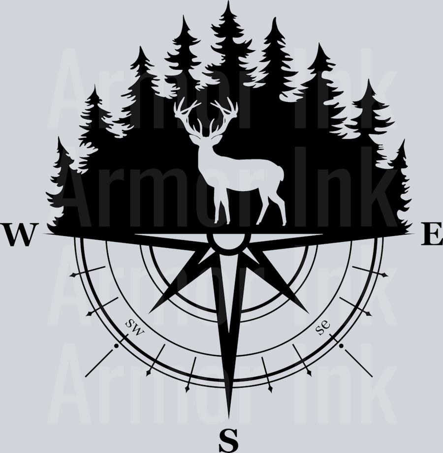 Deer in the Woods, Compass, Hunting DTF transfer