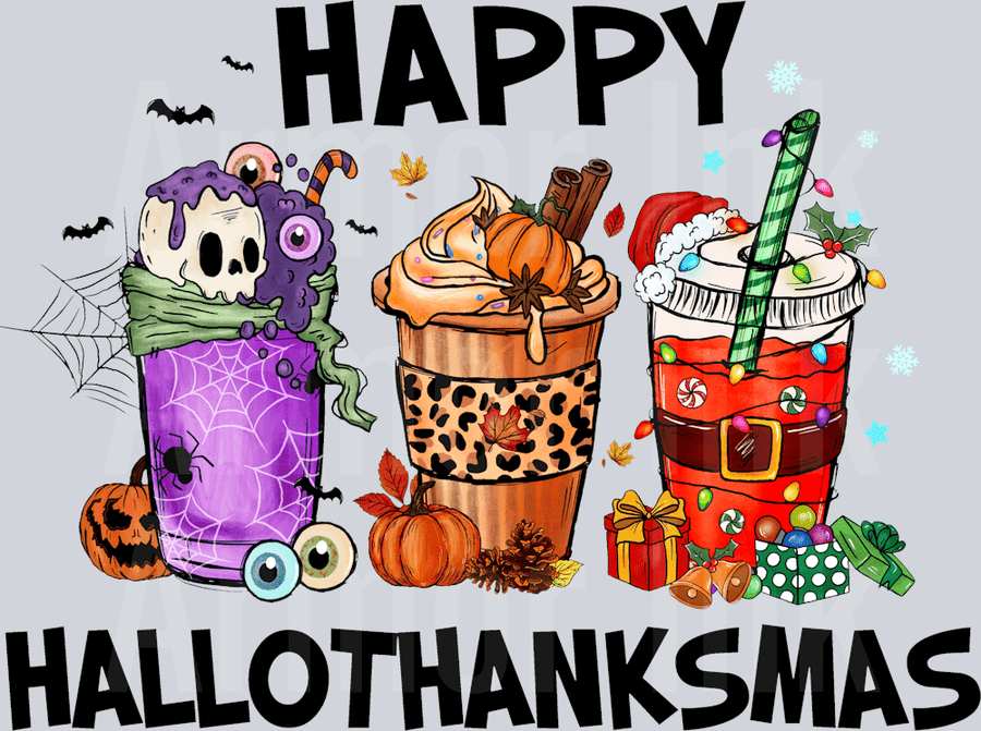 Happy Hallothanksmas Coffee Cup DTF transfer