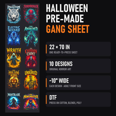 Halloween Pre-made 70 Inch (22x70) DTF Gang Sheet, 10 Horror Designs Ready to Press, Pumpkin Vampire Mummy Werewolf Heat Transfers