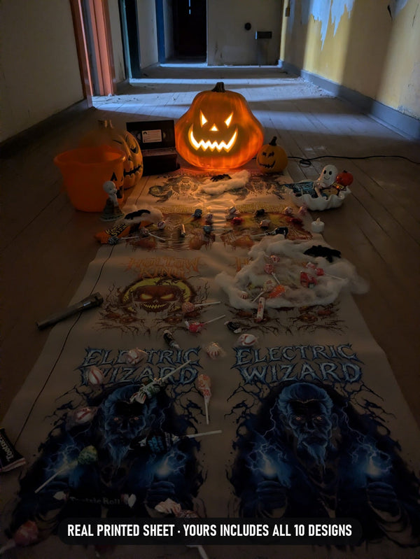 Halloween Pre-made 70 Inch (22x70) DTF Gang Sheet, 10 Horror Designs Ready to Press, Pumpkin Vampire Mummy Werewolf Heat Transfers