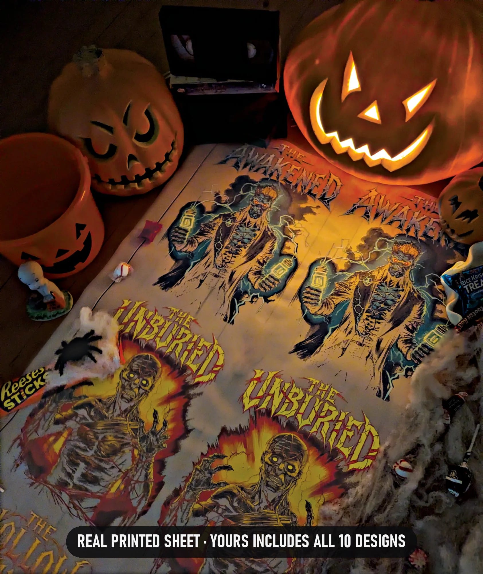Halloween Pre-made 70 Inch (22x70) DTF Gang Sheet, 10 Horror Designs Ready to Press, Pumpkin Vampire Mummy Werewolf Heat Transfers