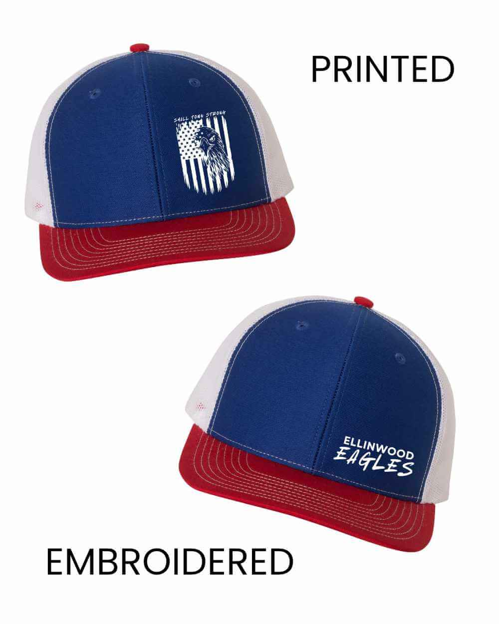 Two baseball caps, one printed, one embroidered.