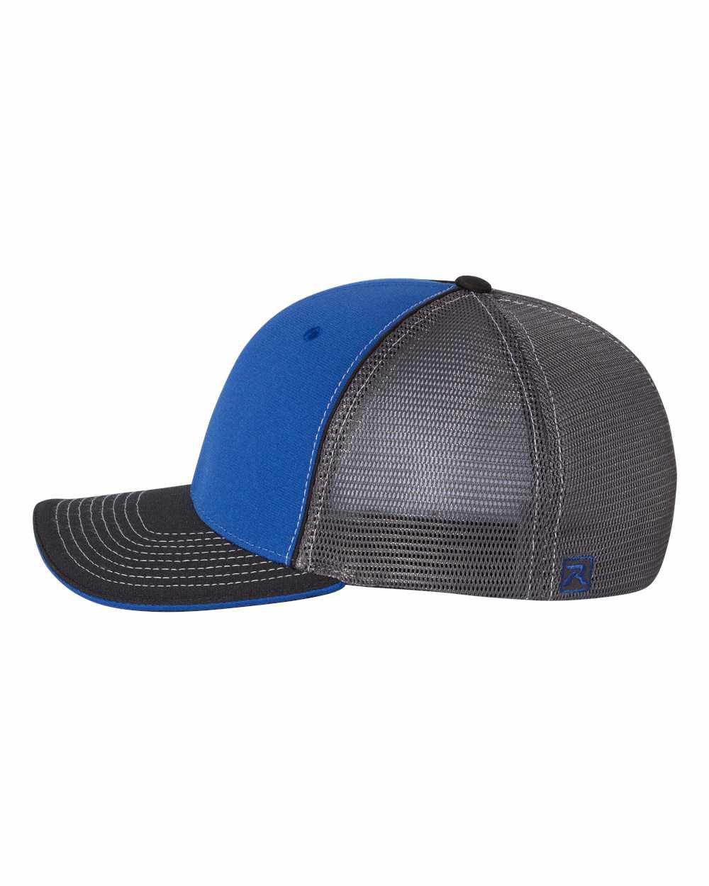 Blue and gray trucker hat, side view (172side)