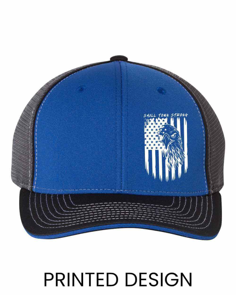 Blue hat with American flag eagle logo.