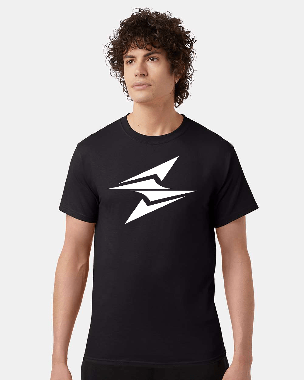 Champion T425 Black Tee with White Logo - Front View