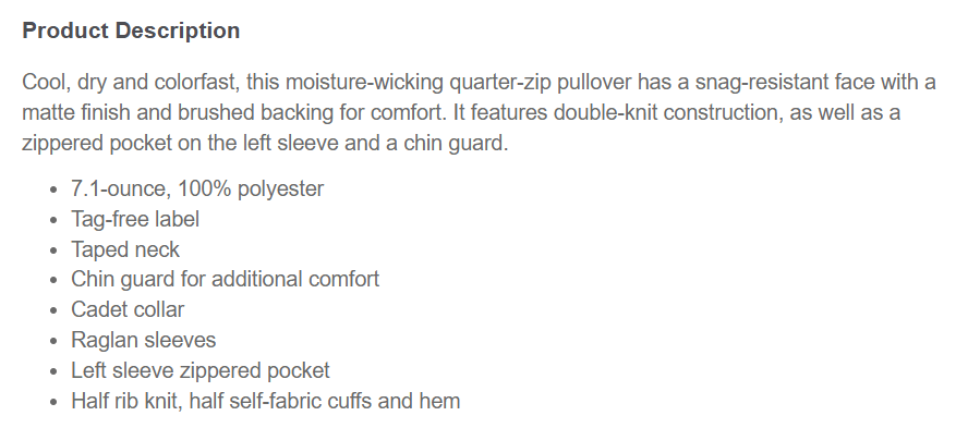 Competitor premium quarter-zip pullover product description.