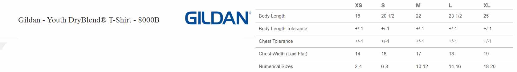Gildan Dryblend Youth T-Shirt Size Chart