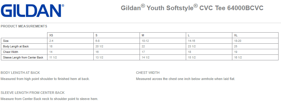 Gildan Youth SoftStyle CVC Tee Size Chart