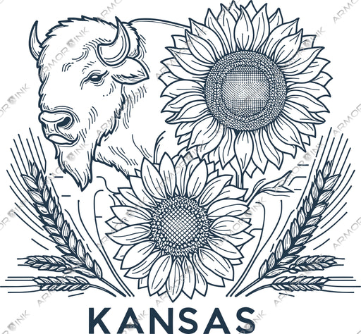 Kansas Buffalo Sunflower Wheat Outline Art DTF Transfer