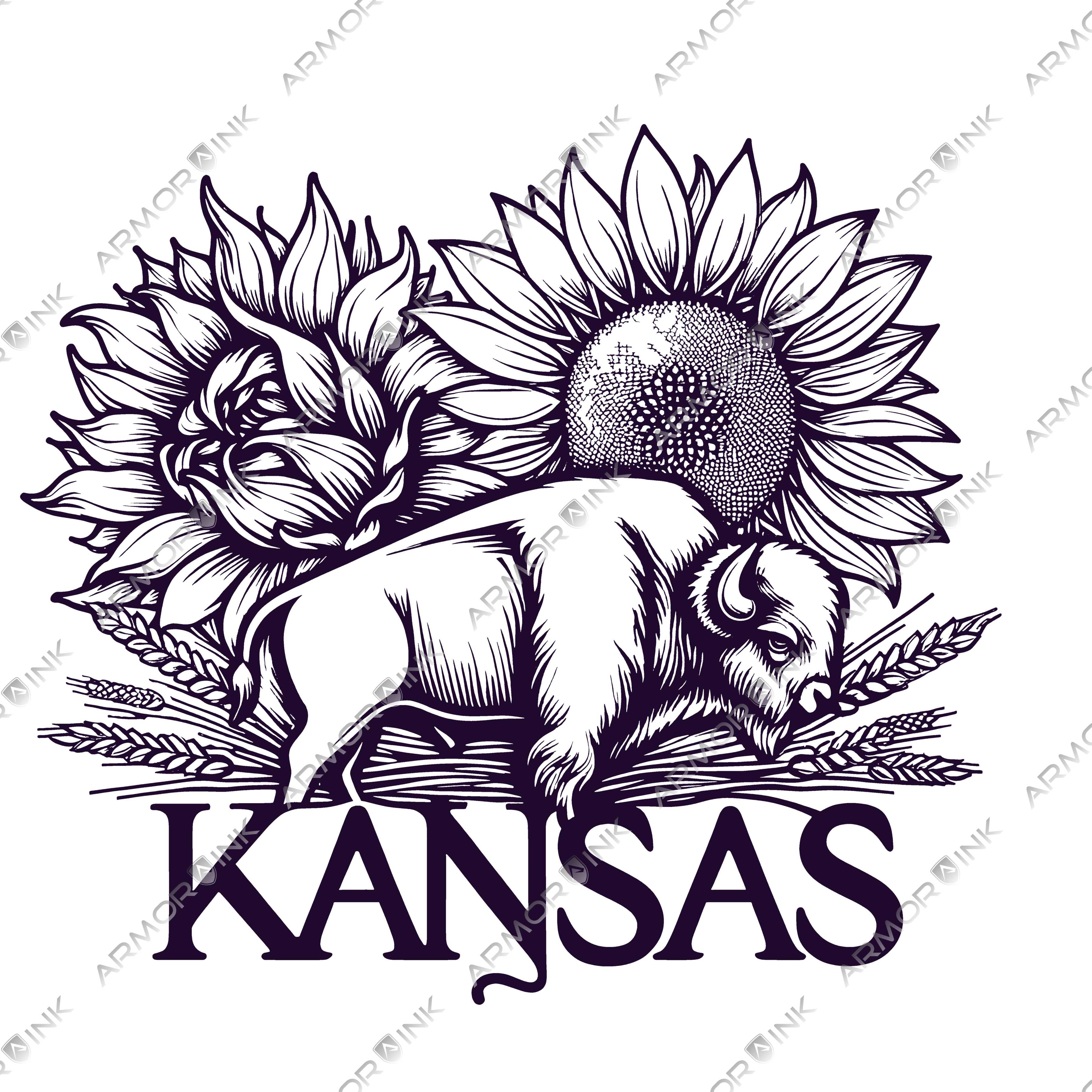 Kansas Buffalo Sunflower Wheat Outline Art DTF Transfer