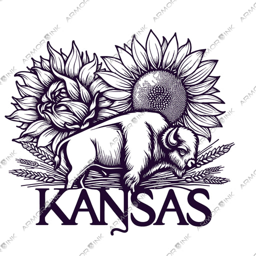 Kansas Buffalo Sunflower Wheat Outline Art DTF Transfer