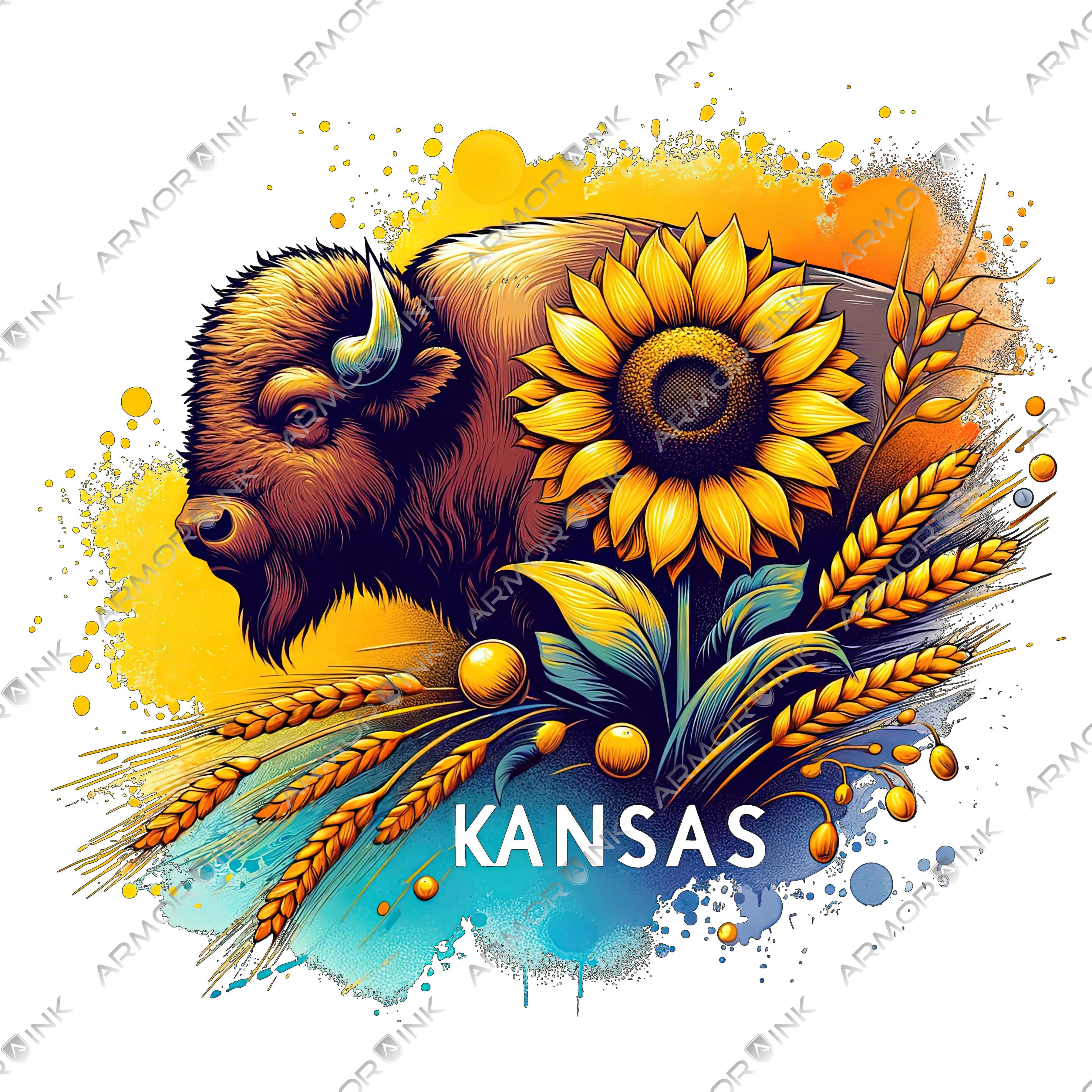 Kansas Buffalo Sunflower Wheat Watercolor DTF Transfer