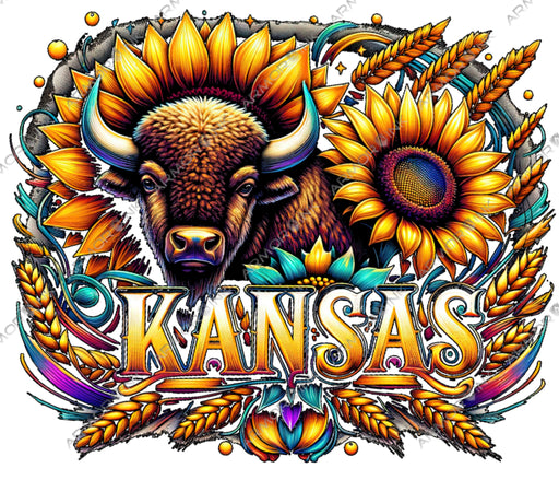 Kansas Buffalo Sunflower Wheat Watercolor DTF Transfer