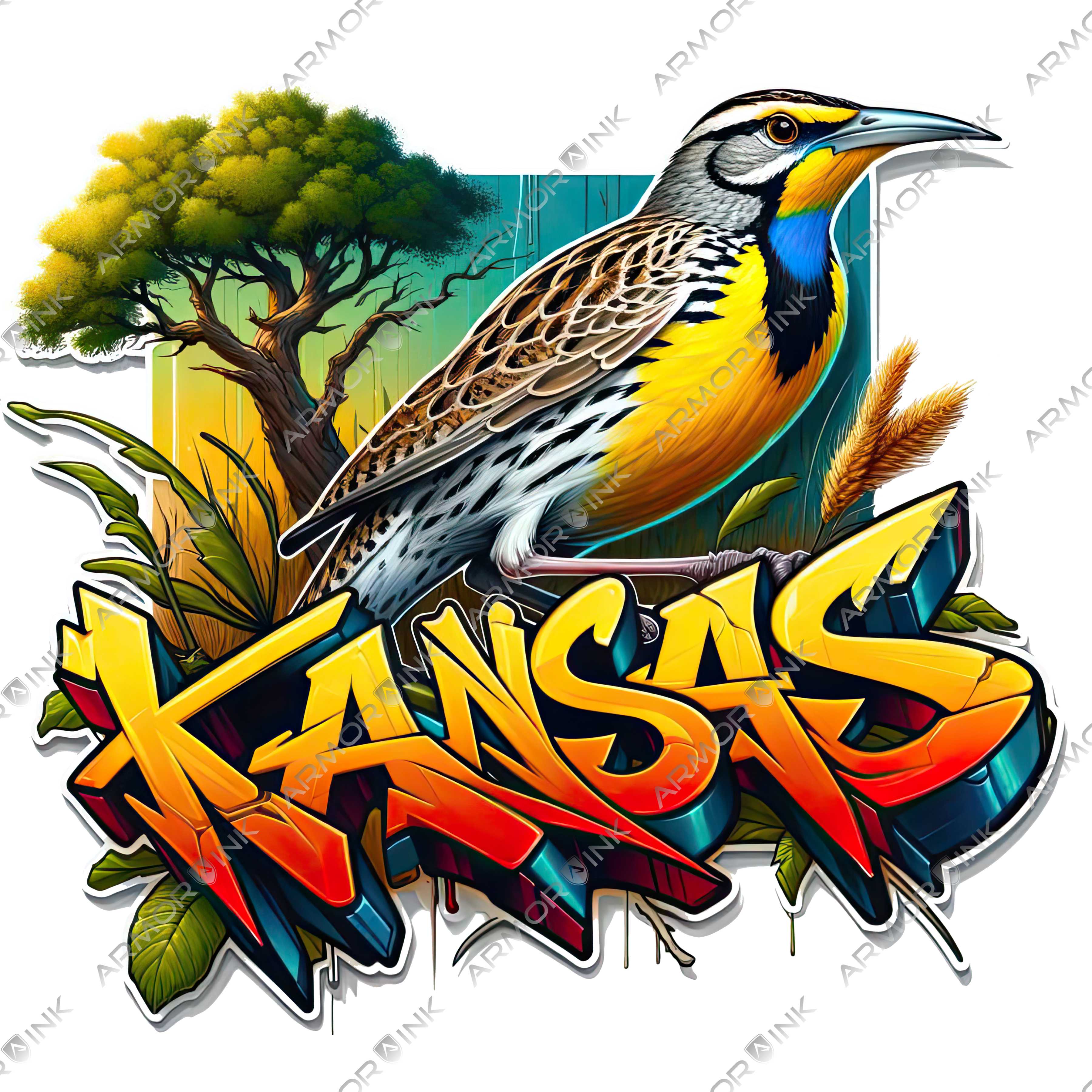 Kansas Sunflower Wheat Meadowlark Cottonwood Graffiti DTF Transfer