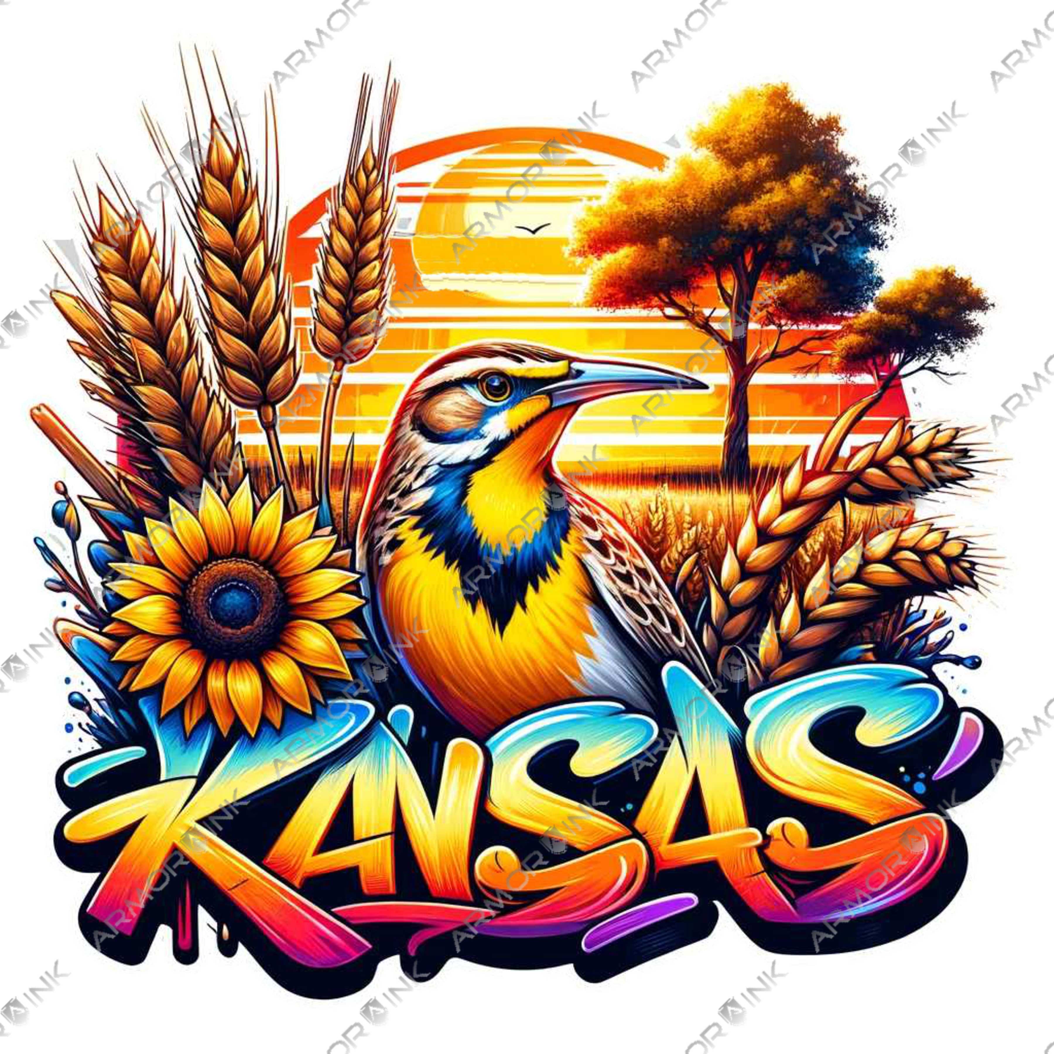 Kansas Sunflower Wheat Meadowlark Graffiti DTF Transfer