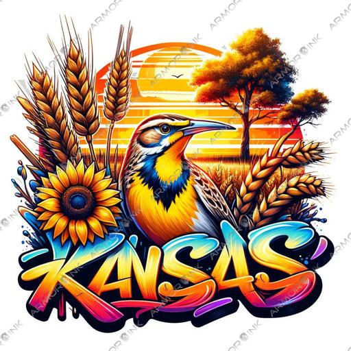 Kansas Sunflower Wheat Meadowlark Graffiti DTF Transfer