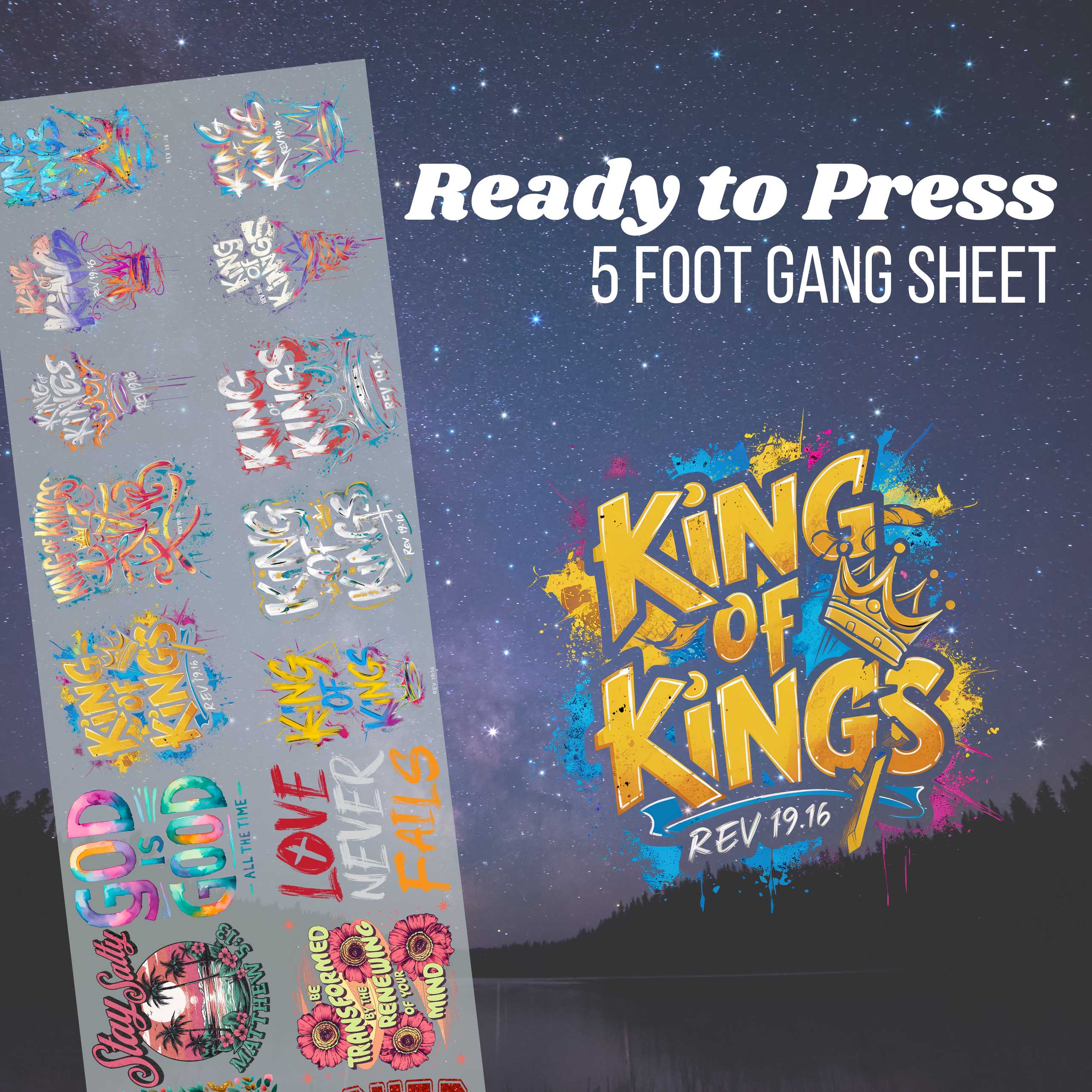 King of Kings Pre-made 5 Foot (22x60) DTF Gang Sheet