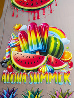Aloha Summer artwork with watermelon, popsicles, and rainbow.