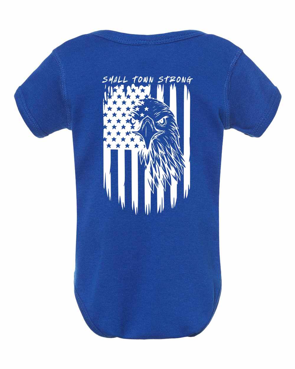 Small Town Strong baby bodysuit with American flag & eagle.