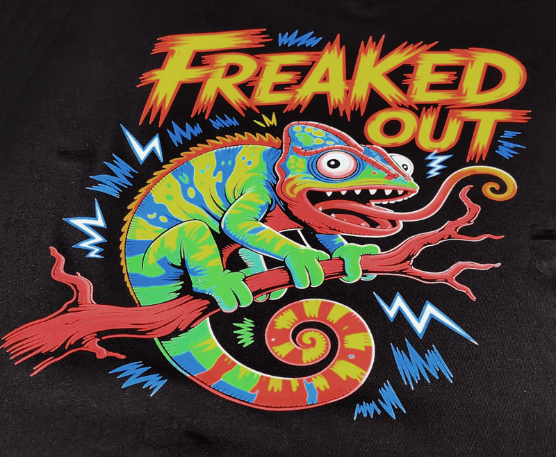 The same DTF design printed with standard 5-color CMYK plus white ink: duller red, orange and green