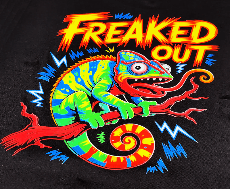 DTF transfer printed by Armor Ink with 9-color RGBO ink: saturated red, orange and green on a black shirt