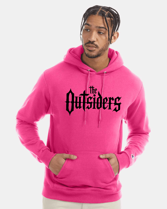 Man wearing a pink The Outsiders hoodie.