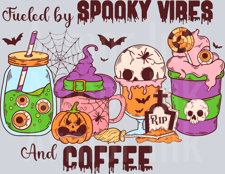 Fueled By Spooky Vibes and Coffee DTF transfer