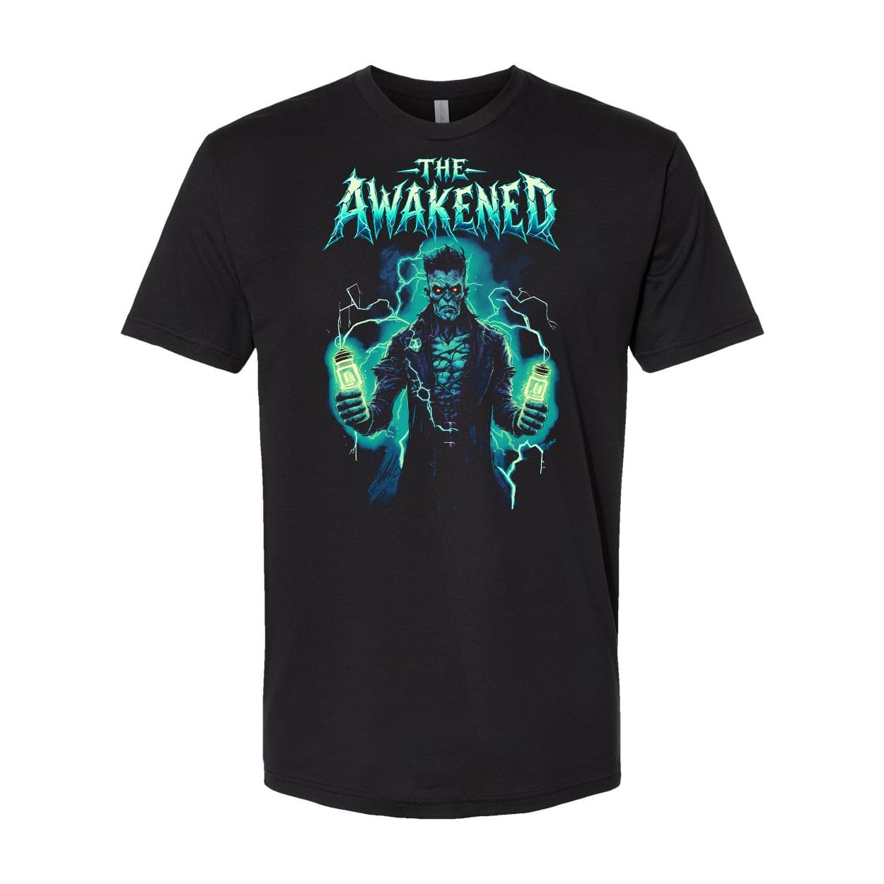 The Awakened Halloween Shirt, Frankenstein Monster Graphic Tee, Mad Scientist Horror T-Shirt, Unisex Black Tee