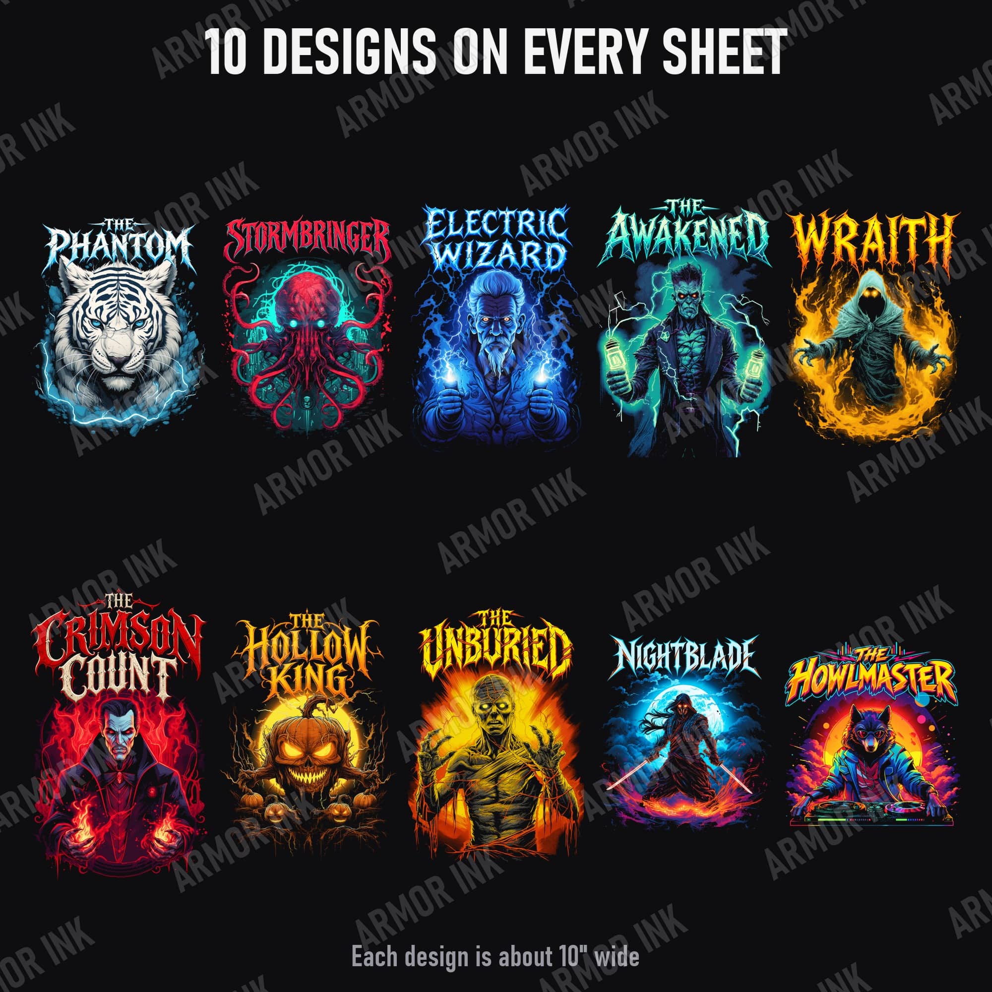 Halloween Pre-made 70 Inch (22x70) DTF Gang Sheet, 10 Horror Designs Ready to Press, Pumpkin Vampire Mummy Werewolf Heat Transfers