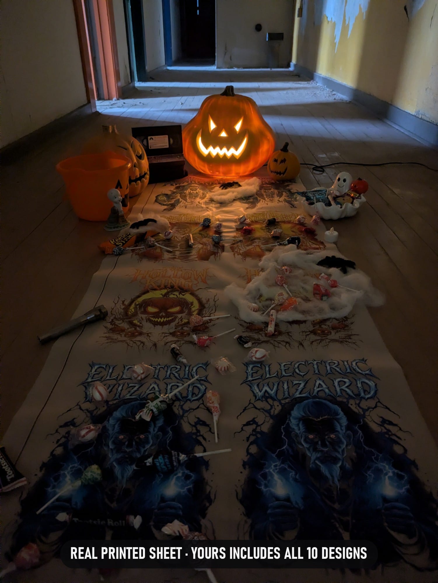 Halloween Pre-made 70 Inch (22x70) DTF Gang Sheet, 10 Horror Designs Ready to Press, Pumpkin Vampire Mummy Werewolf Heat Transfers