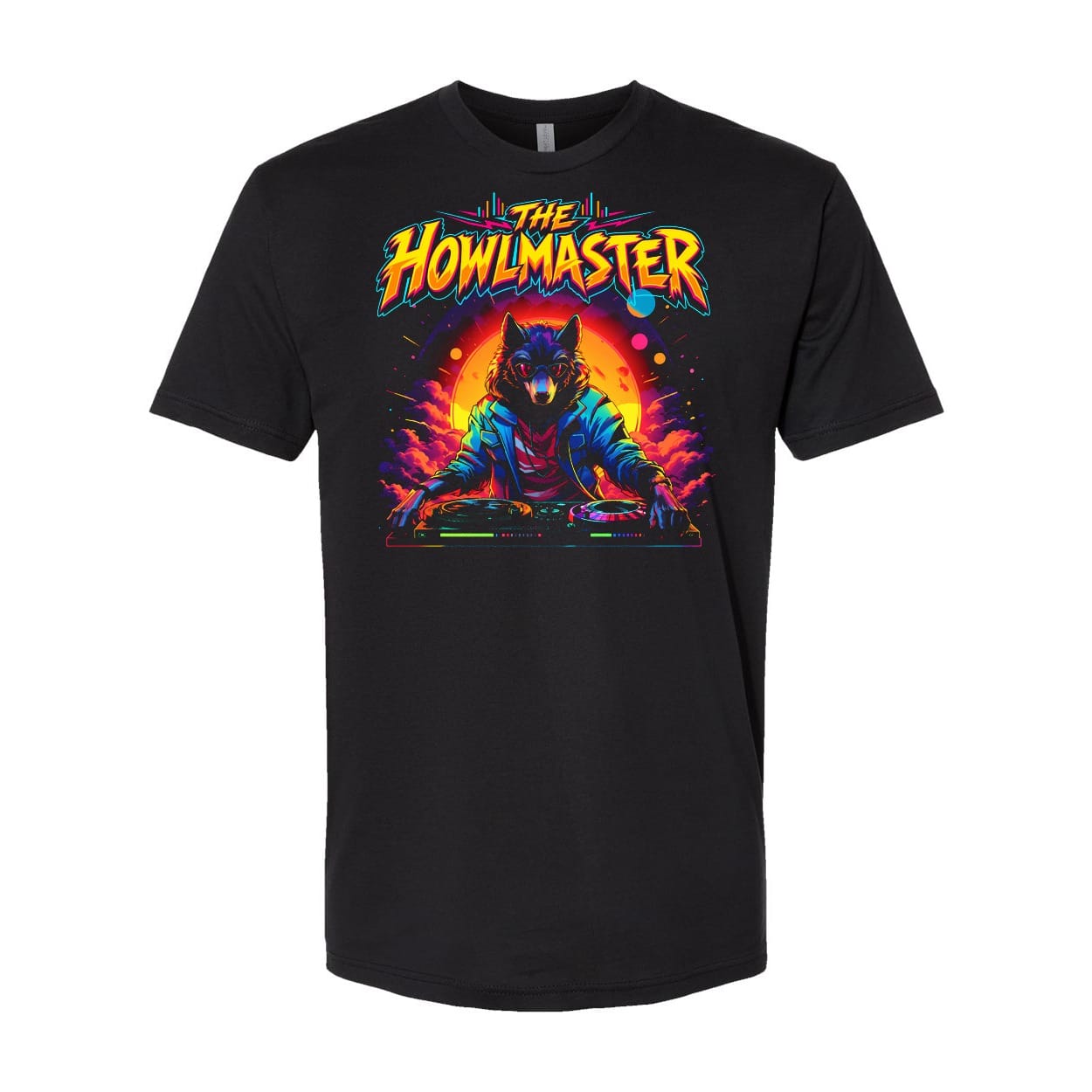 The Howlmaster Halloween Shirt, Werewolf DJ Graphic Tee, Retro Neon Wolf T-Shirt, Halloween Party Unisex Black Tee