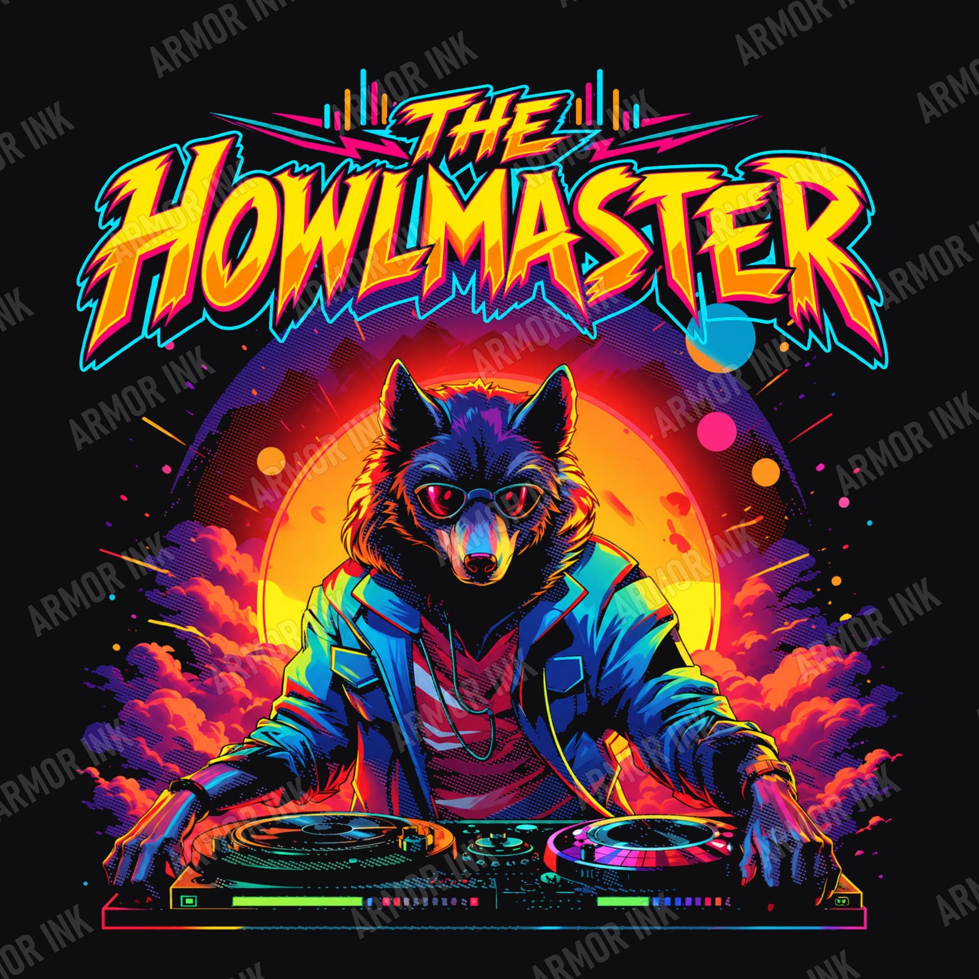 The Howlmaster Halloween Shirt, Werewolf DJ Graphic Tee, Retro Neon Wolf T-Shirt, Halloween Party Unisex Black Tee