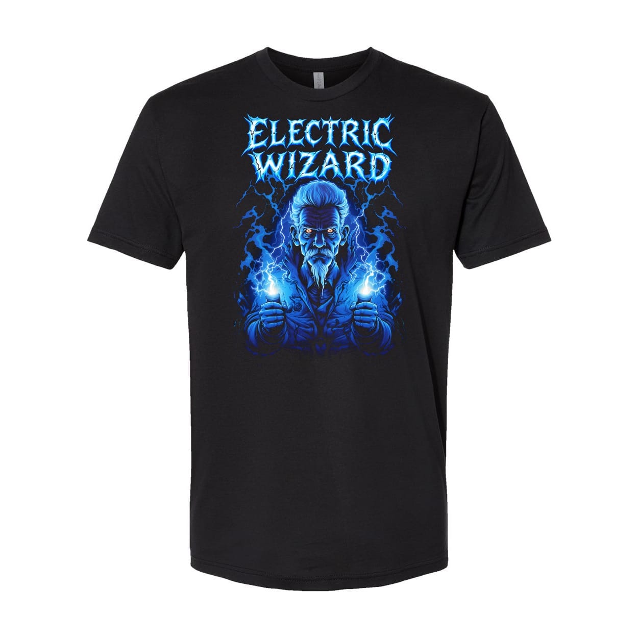 Lightning Wizard Shirt, Blue Sorcerer Halloween Graphic Tee, Dark Fantasy Horror T-Shirt, Unisex Black Tee