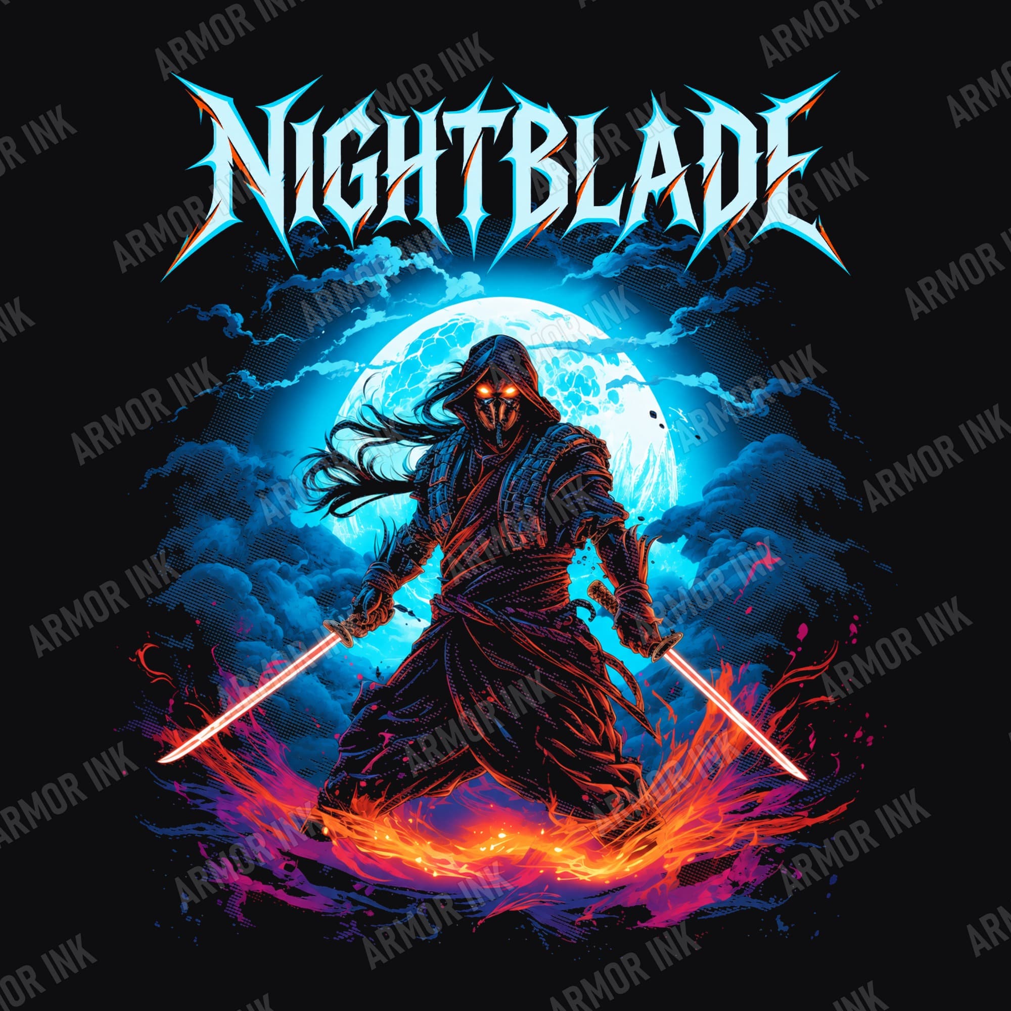 Nightblade Shirt, Hooded Assassin Dual Katana Graphic Tee, Dark Fantasy Ninja T-Shirt, Unisex Black Tee