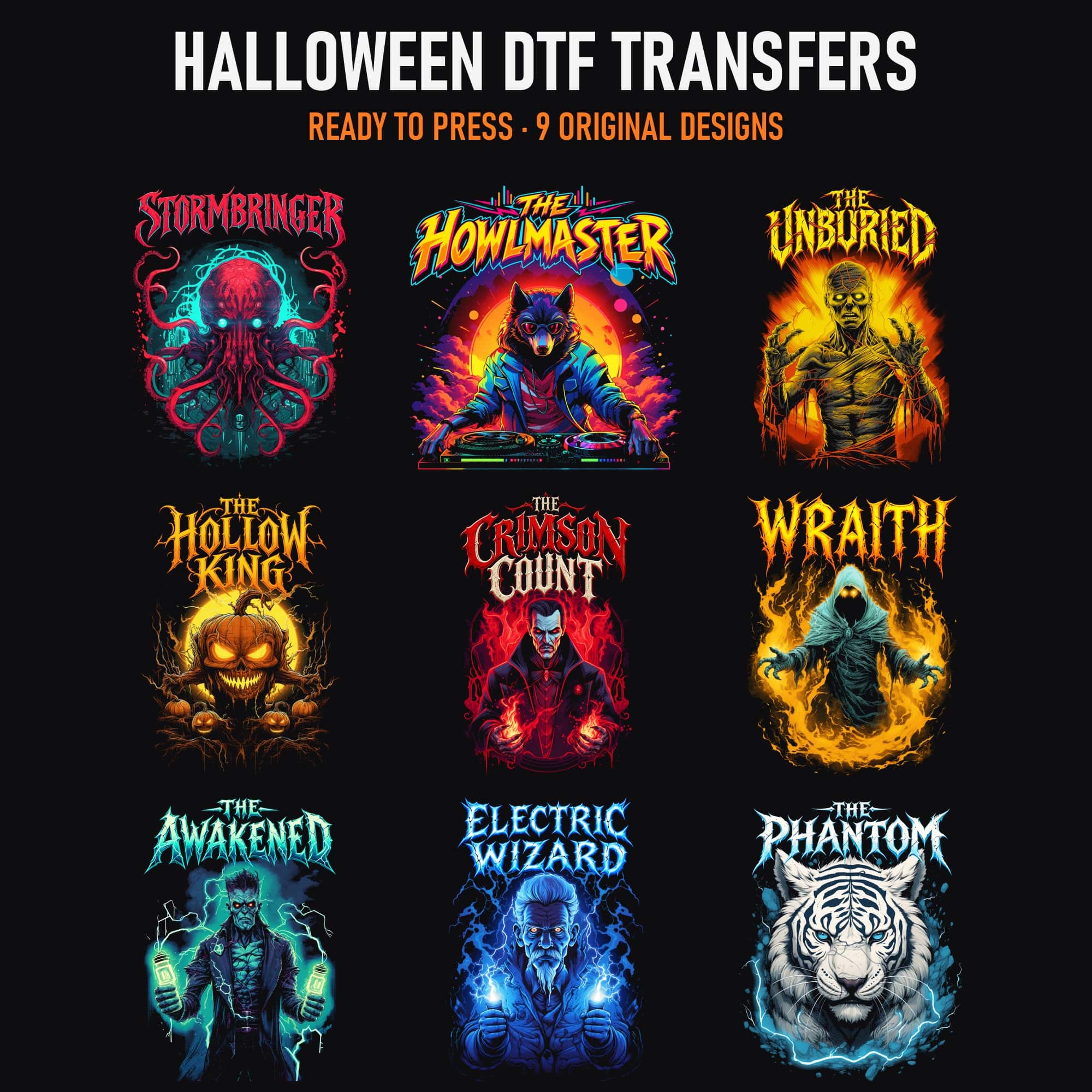 Halloween DTF Transfers Ready to Press, Horror Heat Transfers for Shirts, Pumpkin Skull Vampire Mummy Werewolf Designs, 3 to 13 inch