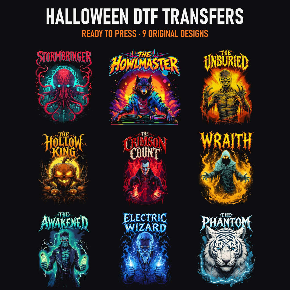 Halloween DTF Transfers Ready to Press, Horror Heat Transfers for Shirts, Pumpkin Skull Vampire Mummy Werewolf Designs, 3 to 13 inch DTF transfer