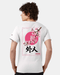 Man wearing white t-shirt with cherry blossom design.